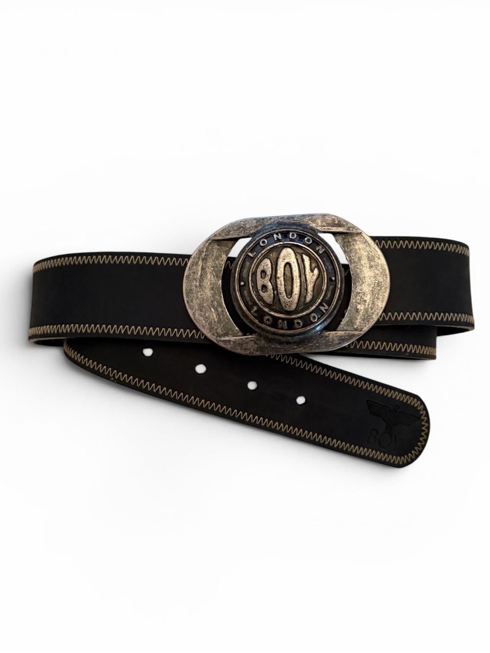 BOY London Black Faux Leather Logo Belt | Oversized Silver “BOY London” Buckle